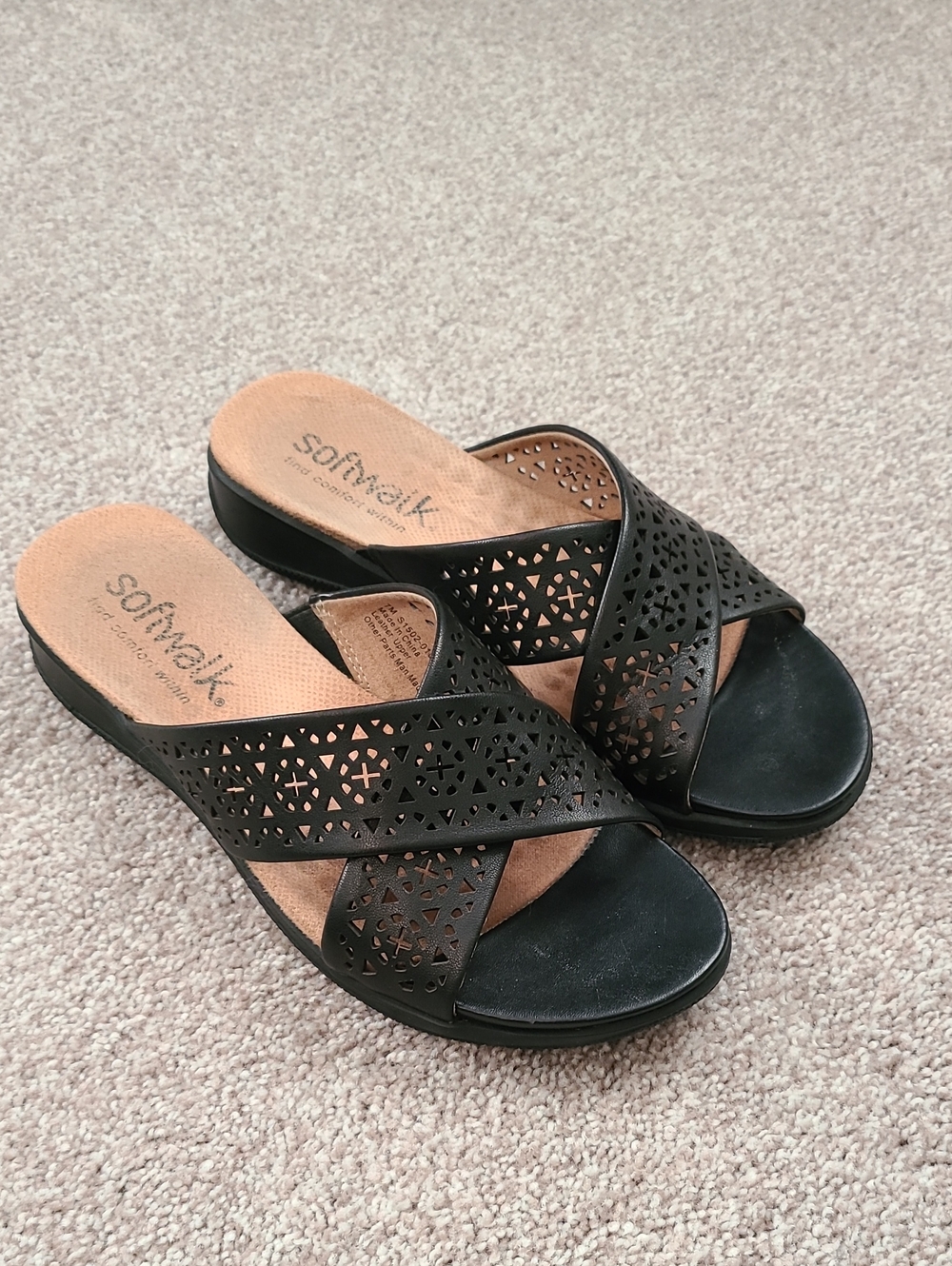 SoftWalk Black Laser-Cut Crossband Sandals